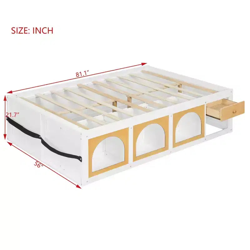 Zeus & Ruta Wood Platform Bed with Bookcase, Storage Cabinet, Light & Drawer