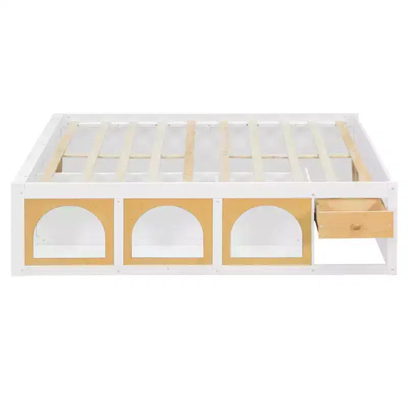 Zeus & Ruta Wood Platform Bed with Bookcase, Storage Cabinet, Light & Drawer