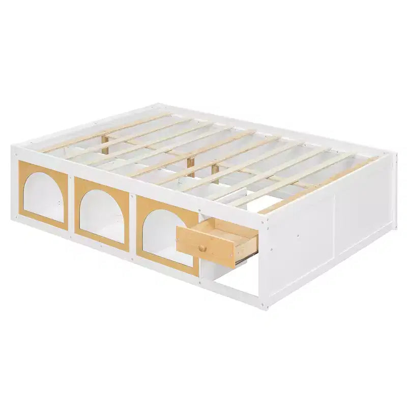 Zeus & Ruta Wood Platform Bed with Bookcase, Storage Cabinet, Light & Drawer
