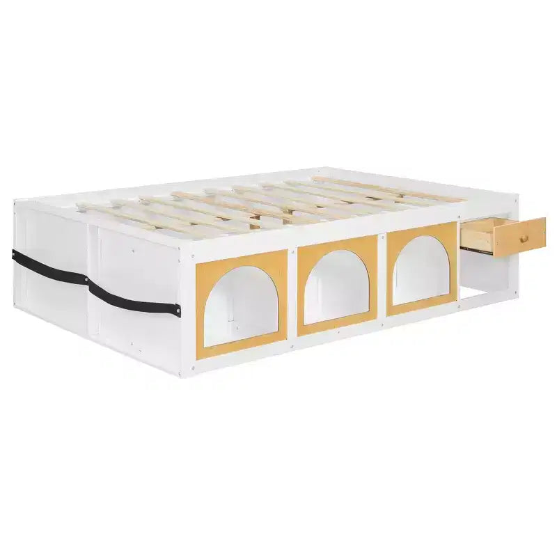Zeus & Ruta Wood Platform Bed with Bookcase, Storage Cabinet, Light & Drawer