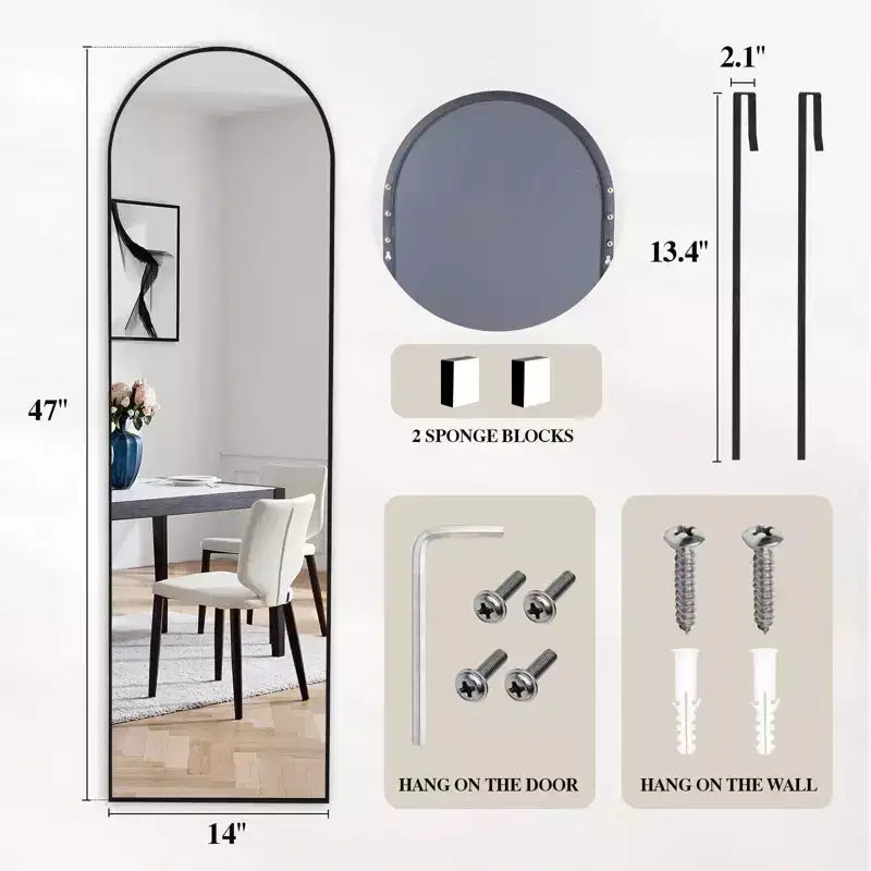 JIONJOY 47x14 Over-the-Door Full-Length Mirror, Aluminum Frame Space-Saving Vanity Mirror for Bedroom, Living Room, Entryways
