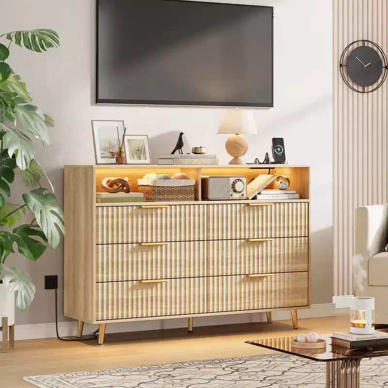 47.2 Wide Drawers Dresser with Gold Handle, Lights and Charging Station for Bedroom