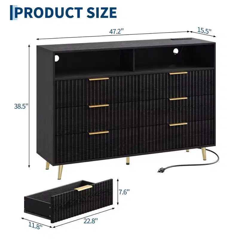 47.2 Wide Drawers Dresser with Gold Handle, Lights and Charging Station for Bedroom