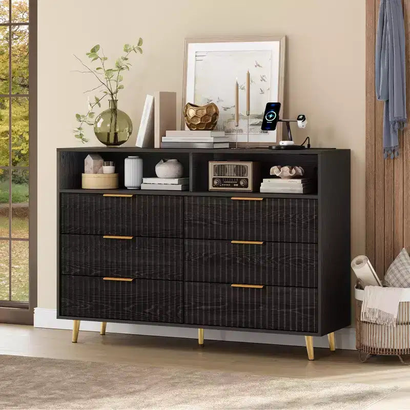 47.2 Wide Drawers Dresser with Gold Handle, Lights and Charging Station for Bedroom