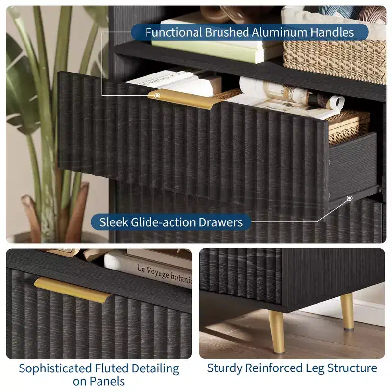 47.2 Wide Drawers Dresser with Gold Handle, Lights and Charging Station for Bedroom