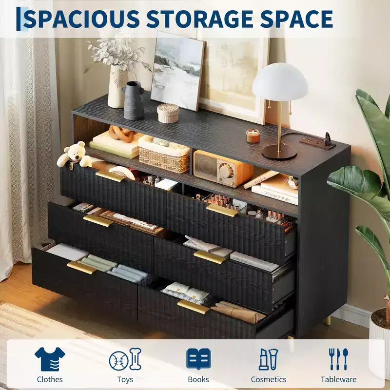 47.2 Wide Drawers Dresser with Gold Handle, Lights and Charging Station for Bedroom