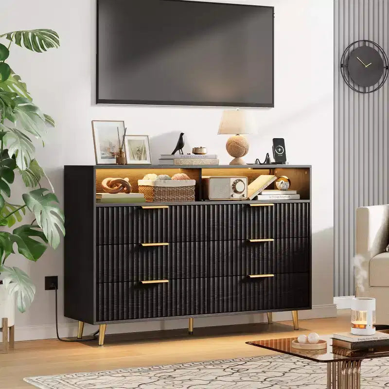 47.2 Wide Drawers Dresser with Gold Handle, Lights and Charging Station for Bedroom