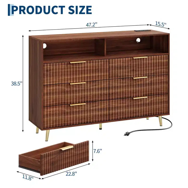 47.2 Wide Drawers Dresser with Gold Handle, Lights and Charging Station for Bedroom