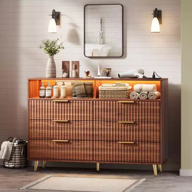 47.2 Wide Drawers Dresser with Gold Handle, Lights and Charging Station for Bedroom