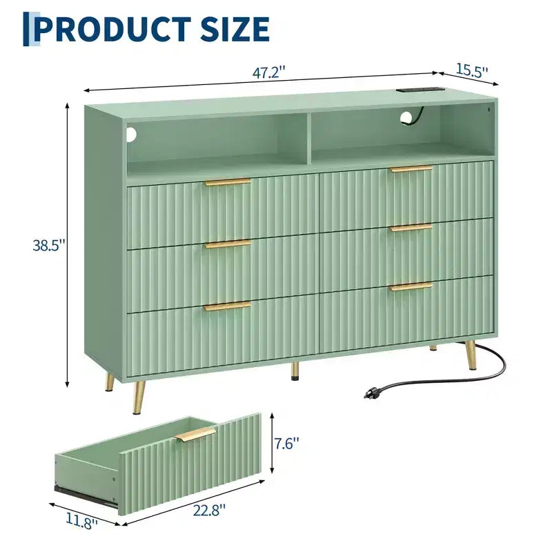 47.2 Wide Drawers Dresser with Gold Handle, Lights and Charging Station for Bedroom