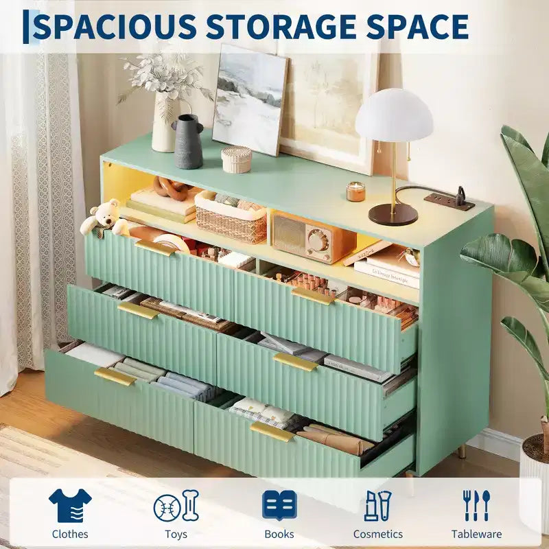 47.2 Wide Drawers Dresser with Gold Handle, Lights and Charging Station for Bedroom