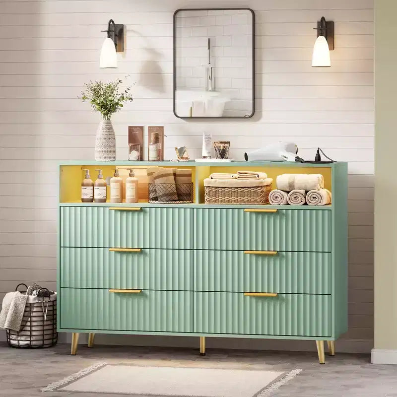 47.2 Wide Drawers Dresser with Gold Handle, Lights and Charging Station for Bedroom