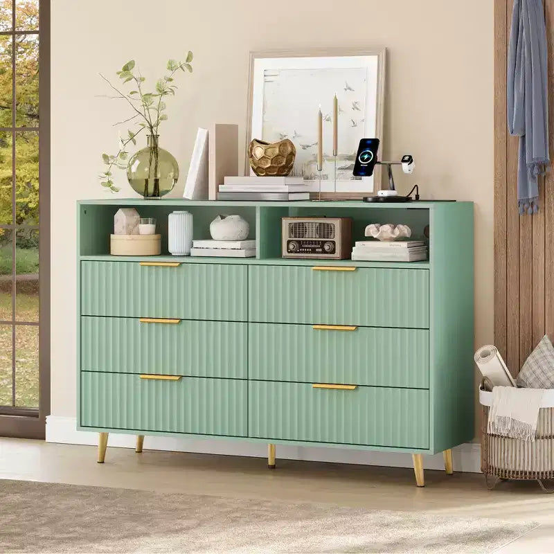 47.2 Wide Drawers Dresser with Gold Handle, Lights and Charging Station for Bedroom