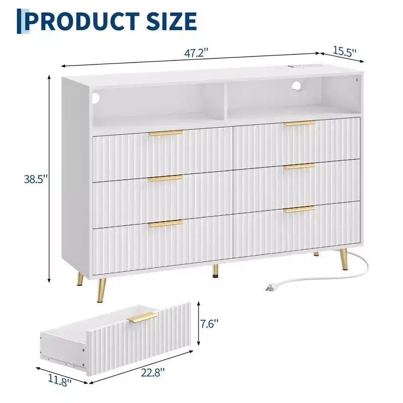 47.2 Wide Drawers Dresser with Gold Handle, Lights and Charging Station for Bedroom