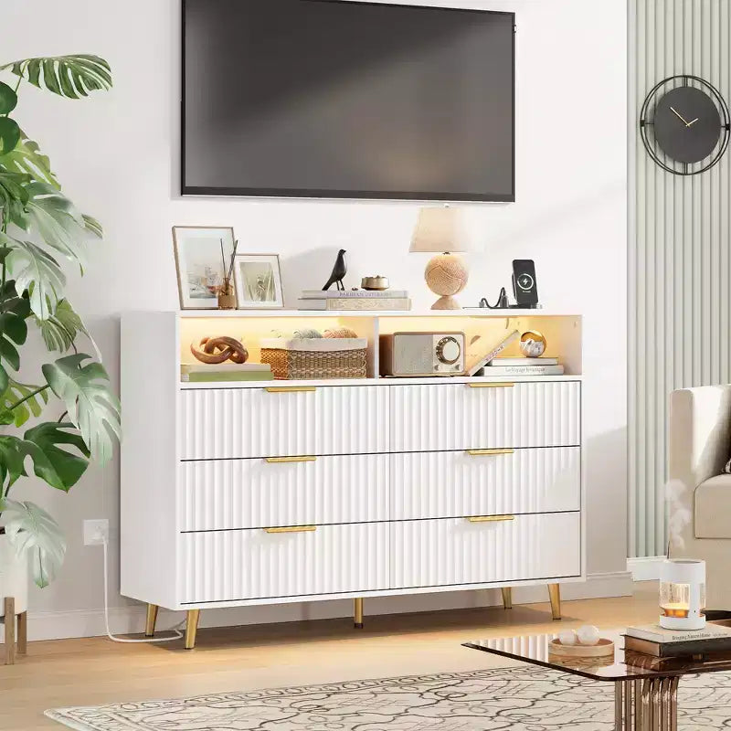 47.2 Wide Drawers Dresser with Gold Handle, Lights and Charging Station for Bedroom
