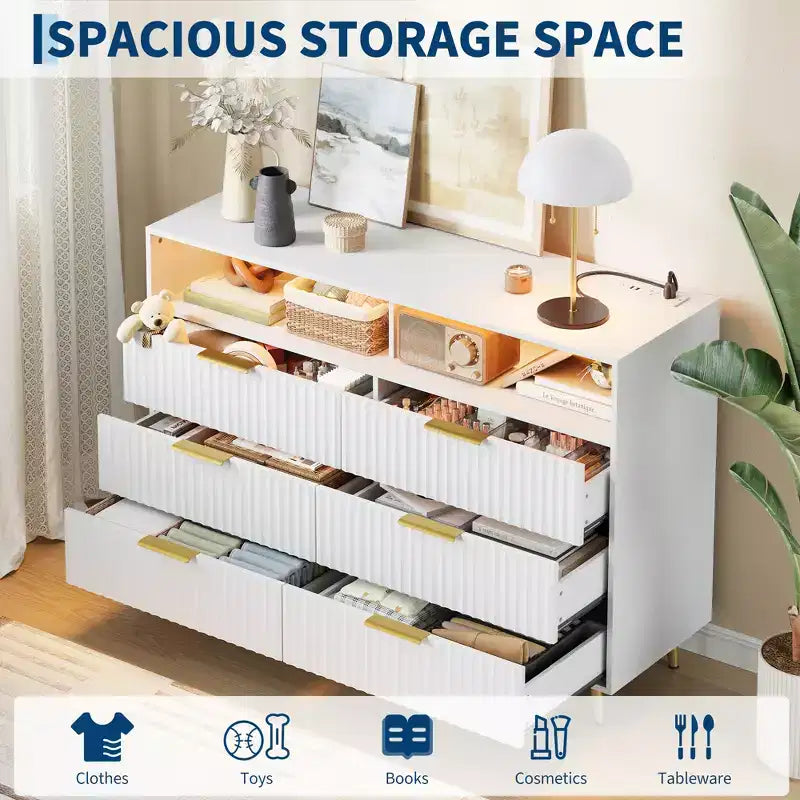 47.2 Wide Drawers Dresser with Gold Handle, Lights and Charging Station for Bedroom