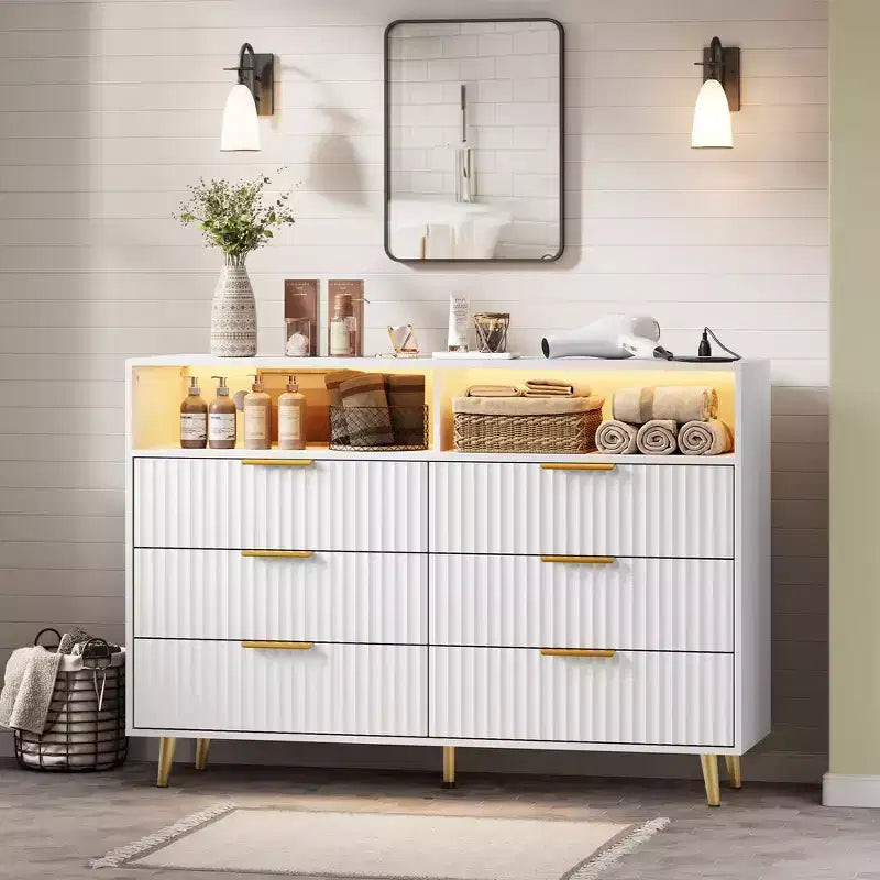 47.2 Wide Drawers Dresser with Gold Handle, Lights and Charging Station for Bedroom