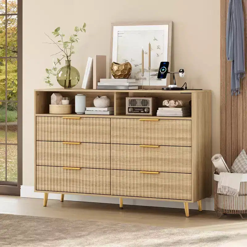 47.2 Wide Drawers Dresser with Gold Handle, Lights and Charging Station for Bedroom