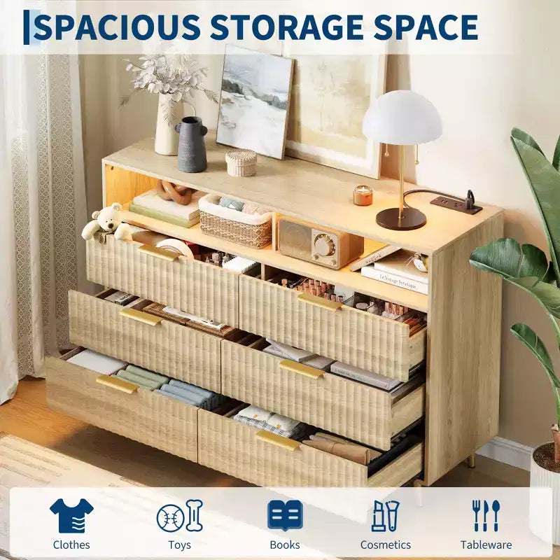 47.2 Wide Drawers Dresser with Gold Handle, Lights and Charging Station for Bedroom