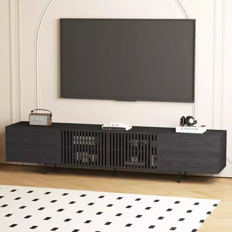 Luck Live 94.48 Black Modern TV Stand with Adjustable Shelves, Soft-Close Hinges & Cable Holes, Metal Legs for Home Living