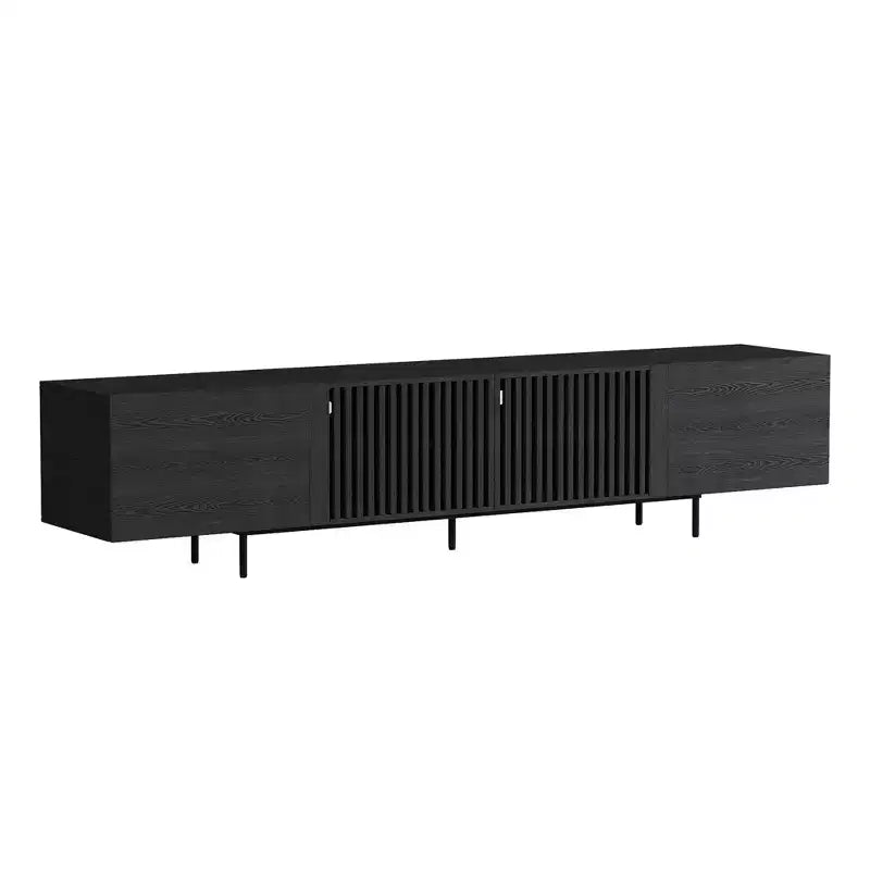Luck Live 94.48 Black Modern TV Stand with Adjustable Shelves, Soft-Close Hinges & Cable Holes, Metal Legs for Home Living