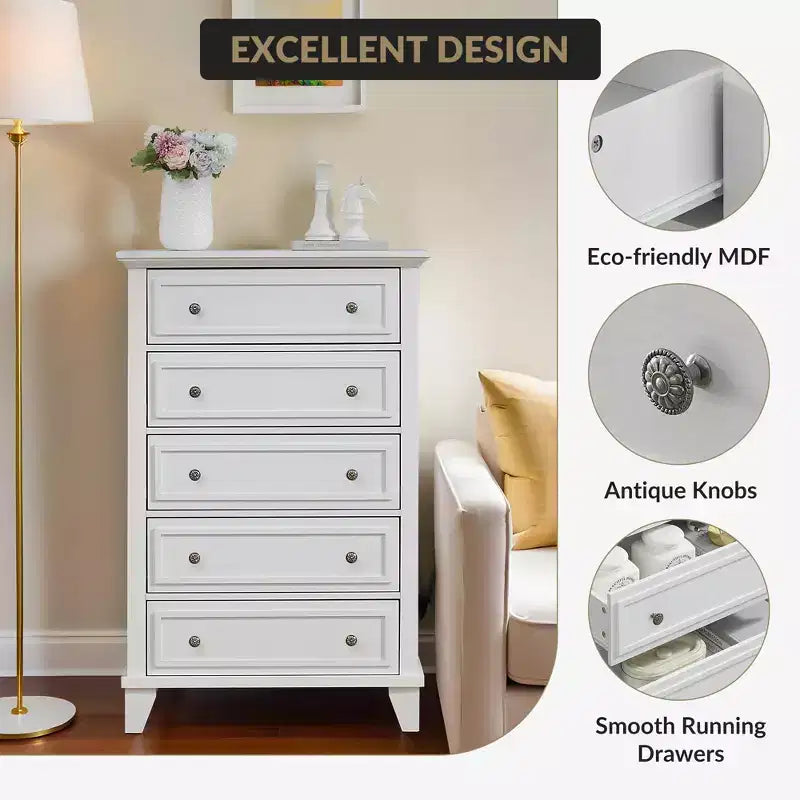 5 Drawer Dresser, Modern Chest of Drawers, 31.5In Wide Storage Tower, Tall Organizer Storage Dresser Cabinet for Nursery Bedroom Entryway Hallway