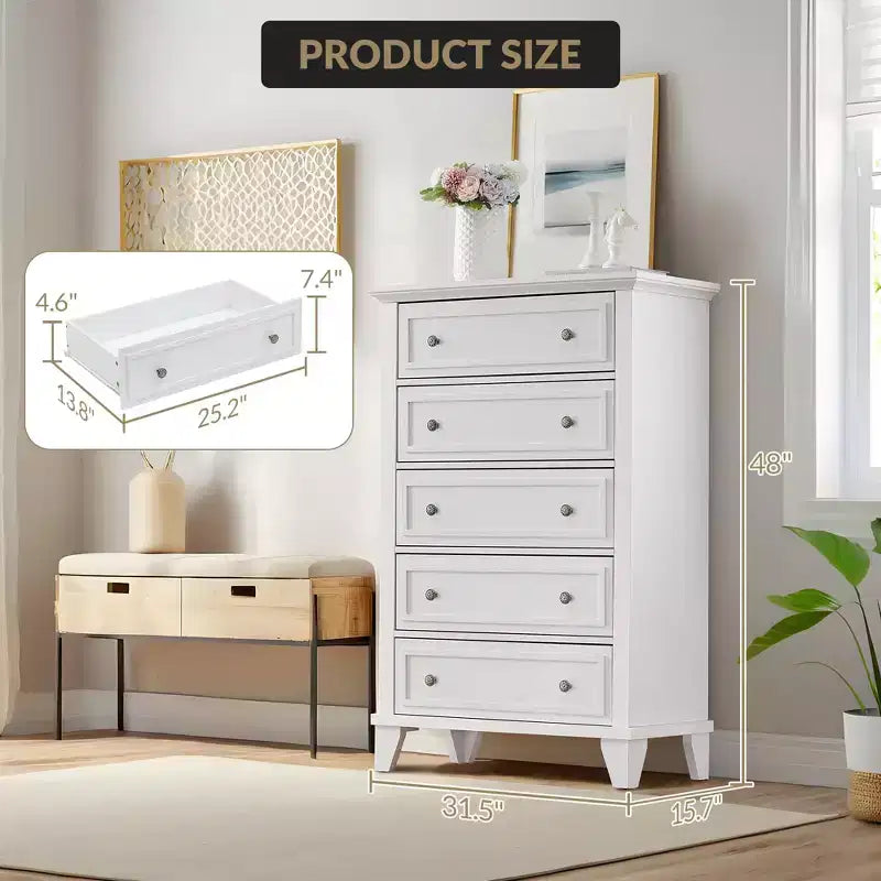 5 Drawer Dresser, Modern Chest of Drawers, 31.5In Wide Storage Tower, Tall Organizer Storage Dresser Cabinet for Nursery Bedroom Entryway Hallway
