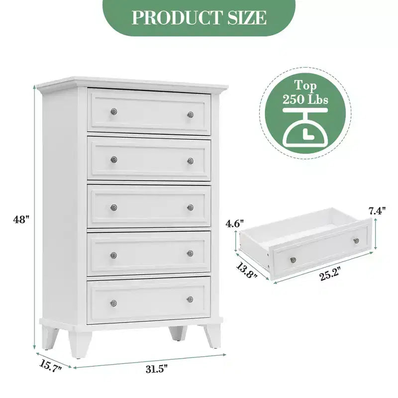 5 Drawer Dresser, Modern Chest of Drawers, 31.5In Wide Storage Tower, Tall Organizer Storage Dresser Cabinet for Nursery Bedroom Entryway Hallway