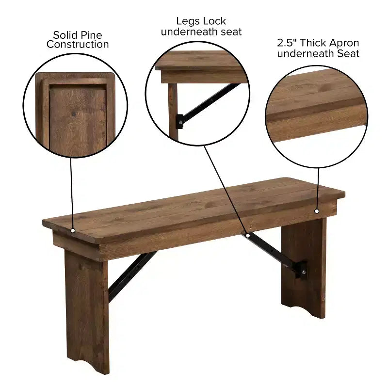 Merrick Lane Antique Solid Pine Folding Farmhouse Style Bench