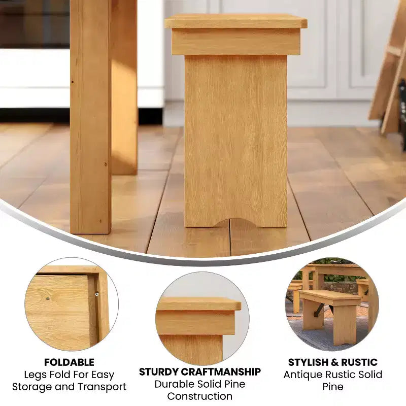 Merrick Lane Antique Solid Pine Folding Farmhouse Style Bench