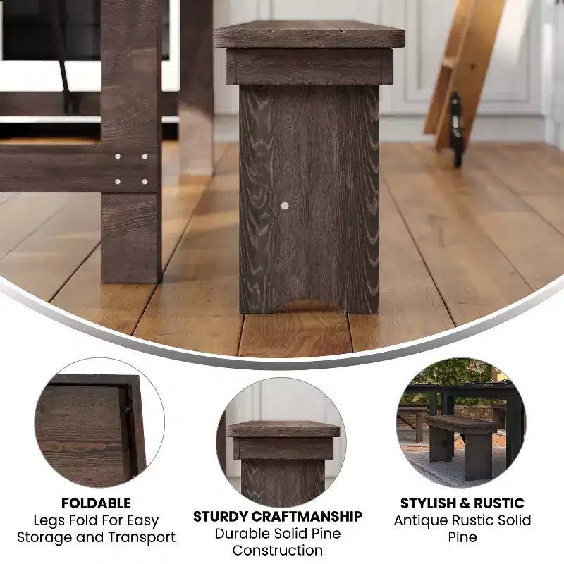 Merrick Lane Antique Solid Pine Folding Farmhouse Style Bench