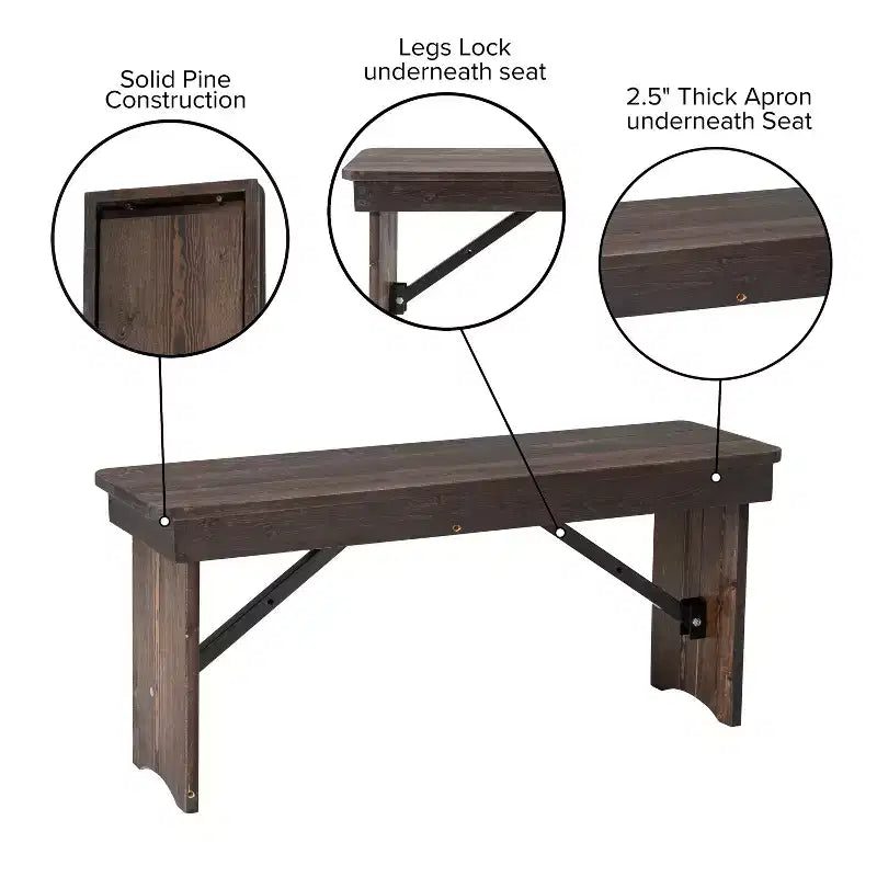 Merrick Lane Antique Solid Pine Folding Farmhouse Style Bench