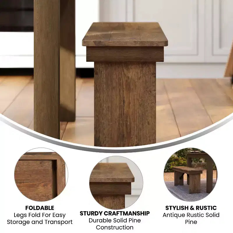 Merrick Lane Antique Solid Pine Folding Farmhouse Style Bench